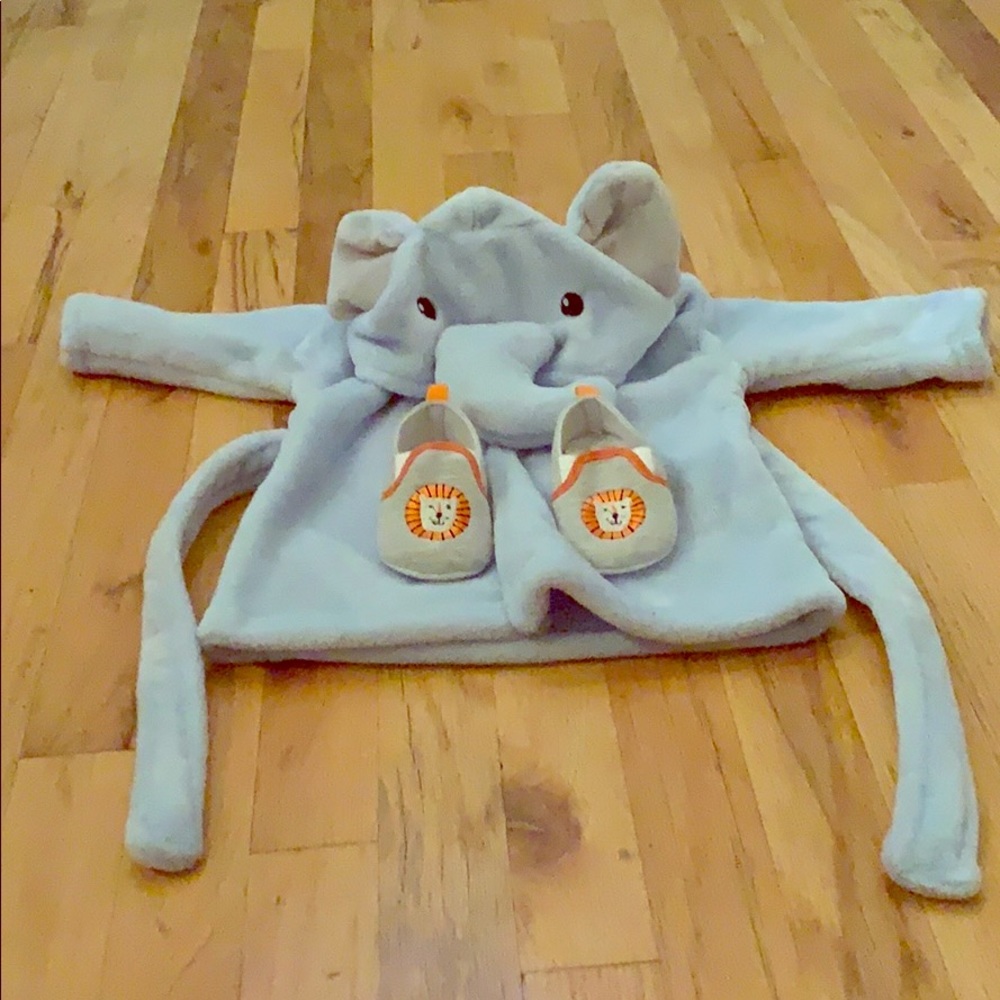 HB blue bathrobe 0-9mo. Rene Rofe 0-9mo shoes.